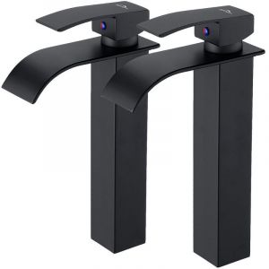 2PCS Robinet Salle de Bain Cascade, Moderne Robinet Lavabo Noir Cascade Haut, Mitigeur Lavabo Cascade avec bec Hauteur , Robinetterie Carr&eacute; en Laiton