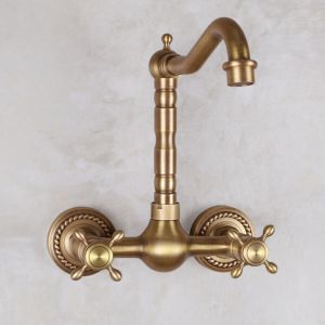 Robinet Cuisine Mural Laiton R&eacute;tro, Double Poign&eacute;e Mitigeur Mural &Eacute;vier Bronze Antique, Pivotant &agrave; 360&deg; Robinetterie M&eacute;langeur Murale Cuivre Salle de