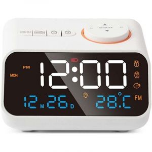 R&eacute;veil Radio multifonction LED, minuterie musicale, Radio FM Rechargeable, r&eacute;veil pour la maison, blanc