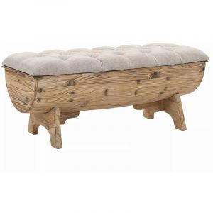 Banc avec rangement en forme de tonneau bois de sapin et tissu cr&egrave;me Vinto