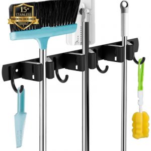 Accroche Balai Mural, 3 Supports + 4 Crochets Noir Porte Balais Mural, Support Balais Mural, Porte Balais Mural Sans Percage, Rangement Balai,