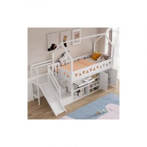 Lit mezzanine enfant 90x200 cm, lit enfant avec toboggan et escalier, tiroirs et rangements, porte magnétique, sans matelas, blanc