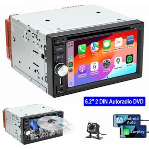 Autoradio 2 DIN filaire Carplay Android Auto avec DVD/CD cam&eacute;ra FM AM RDS USB Bluetooth 6.2" CAM