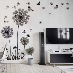 Stickers muraux FLEURS DE PISSENLIT noir (150x114cm) I papillon plantes branche arbre I autocollant sticker mural pour salon chambre cuisine bureau