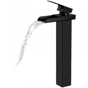 Tuserxln - Robinet Salle Bain Cascade Noir Mat, Mitigeur Lavabo Cascade Haut, Robinet Lavabo avec bec Hauteur, Robinetterie Vasque à Poser Carré en