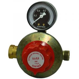 D&eacute;tendeur r&eacute;glable propane basse pression avec manom&egrave;tre 4kg/h - 50 &agrave; 200 mbar - entr&eacute;e &eacute;crou bouteille - sortie M20x150 Gurtner