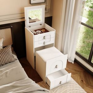 Meuble sous vasque simple 50x40x80cm, coiffeuse, avec tabouret, led, 3 tiroirs, eclairage réglable, mdf Hauss Spole blanc