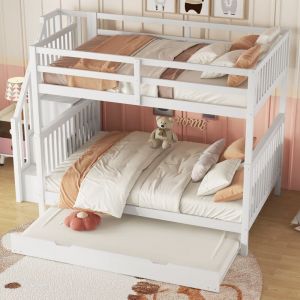 Lit superposé 140x200cm, lit enfant avec lit gigogne, étagère escalier et garde-corps hauts, en bois de pin, blanc