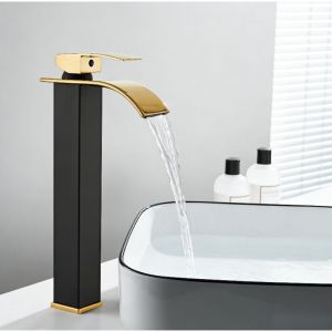 Robinet de salle de bain cascade noir et dor&eacute; &agrave; bec plat et haut avec tuyau d'arriv&eacute;e de 60 cm, mitigeur de lavabo &agrave; bec large de style europ&eacute;en pour