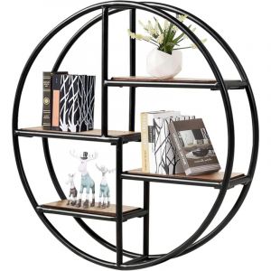 RELAX4LIFE &Eacute;tag&egrave;re Murale Ronde &agrave; 4 Niveaux au Design Industriel, &Eacute;tag&egrave;re Flottante de Rangement en Acier et Bois Charge Max 30 KG pour Chambre,