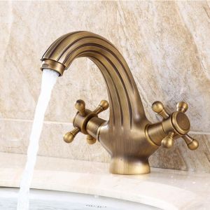 Mitigeur de lavabo de salle de bain r&eacute;tro, mitigeur &agrave; deux poign&eacute;es crois&eacute;es, mitigeur pour salle de bain vintage, robinet d'&eacute;vier en laiton, robinet