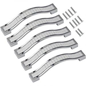 Boutons et poign&eacute;es de meubles,Lot de 5 poign&eacute;es de tiroir en alliage strass cristal pour commode armoire de cuisine placard, Silver, 96MM-5PCS