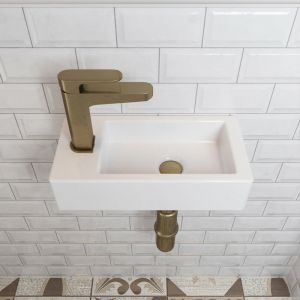 Deervalley - Vasque Lave Main - Vasque Suspendue Rectangulaire Blanche pour Vasque Salle de Bain - Trou pour Robinet à Gauche 36.5 x 18 x 9 cm