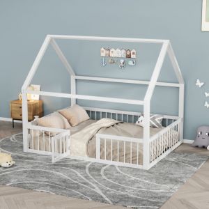 Lit double 140x200 cm lit enfant, lit enfant avec cadre de lit en m&eacute;tal et balustrade, en m&eacute;tal, blanc, sans matelas