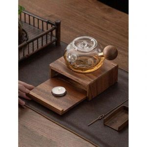 Support de th&eacute;i&egrave;re en bois avec petit bougeoir, 1 pi&egrave;ce - Base de chauffe-th&eacute;i&egrave;re de table, accessoire chauffant non &eacute;lectrique pour service &agrave; th&eacute; de