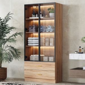 Vitrine 75x34,5x170 cm avec portes en verre, bandeau lumineux, 2 tiroirs, en MDF, noir et naturel