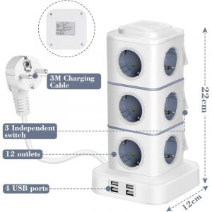 Multiprise verticale, 12 prises avec 4 ports USB, avec parasurtenseur pour bureau et domicile, rallonge de 3 m (2 500 W/10 A)