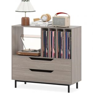 COSTWAY Meuble Vinyle avec 2 Tiroirs, Rangement Platine Vinyle 5 Compartiments, Support de Tourne-Disque pour CD/DVD, Grand Meuble HiFi pour Salon,