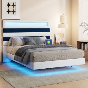 Lit Adulte 140x190 cm, Lit Capitonné 140x190 avec Tête de Lit Rayures Bleues Réglable, lit Double avec Ports usb Double et Éclairage led Intégré, lit