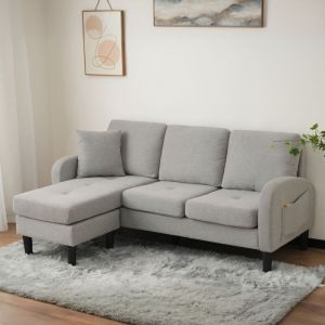 Modfu - Canapé d'angle 3 places 185 x 118 x 82 cm, pieds en plastique, tissu coton et lin, meuble de salon, gris
