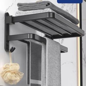 60cm Porte-Serviettes de Bain Pliable Serviette Étagère Salle de Bain avec Porte-Serviettes Étagère Murale Support de Serviette Barres Serviettes