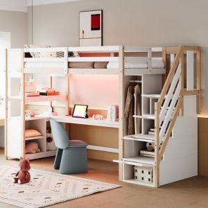 Lit mezzanine 90x200 cm - avec armoire - avec grand bureau - avec rangements - avec escalier - avec prises &eacute;lectriques - avec &eacute;clairage LED - naturel