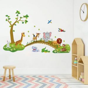 Serbia - Sticker Muraux Animaux Jungle Autocollant Mural Arbres Amovible Deco Stickers Girafe &Eacute;l&eacute;phant Singe Chambre Enfant B&eacute;b&eacute; Salon Decoration