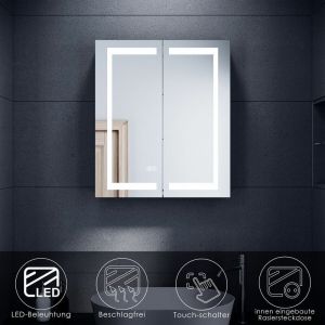 Armoire de toilette led avec éclairage Miroir de salle de bain Prise électrique Touch Antibuée Acier inoxydable 60x70cm Charnière sans fil Design
