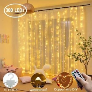 Rideau Lumi&egrave;re de Mariage 300 LED 3M x 3M 8 Modes Blanc Chaud Guirlande Lumineuse Rideau Eclairage D&eacute;coration de F&eacute;e de No&euml;l