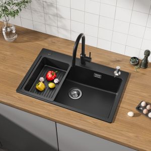 Evier de Cuisine 70x45 cm Noir avec Panier de Vidange et Distributeur de Savon, Evier 1 Bac en Quartz et Résine Grande Capacité - Cecipa