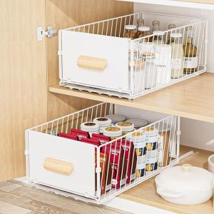 Tiroir Coulissant Cuisine, 24x40x17CM Organiseurs de Placards, pas Besoin de Percer Panier Coulissant Cuisine pour Rangement Dressing,Blanc