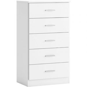 Commode 5 tiroirs avec glissières et poignées en métal, blanc mat, 50 x 90 x 33 cm
