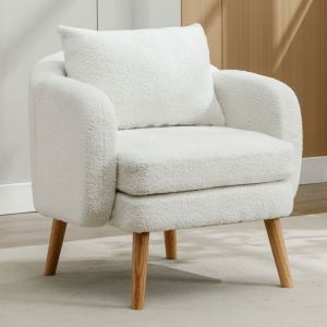 Tanant - Fauteuil relax, Fauteuil à bascule Teddy en velours avec coussin, dossier confortable, pieds en bois massif, Fauteuil scandinave - Blanc