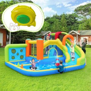 Ch&acirc;teau Gonflable avec Souffleur 450W - Aire de Jeux Aquatique 6-en-1 : Toboggan G&eacute;ant, Trampoline, Mur d'Escalade et Panier de Basket - Parc