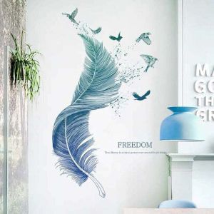 Stickers muraux plume en bleu (124&times;72 cm) i d&eacute;coratifs sticker mural Oiseaux Poster moderne i D&eacute;co pour salon chambre cuisine couloir meubles bains