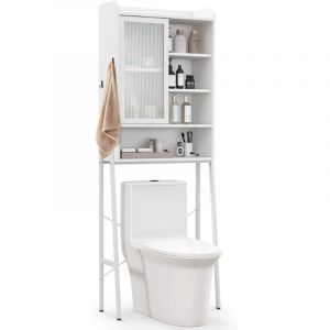 Meuble wc Au-Dessus de Toilettes avec Porte Vitrée Coulissante, Meuble de Rangement Cadre en Métal, Étagères Réglables, 63 x 29 x 170 cm, Blanc