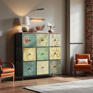 Commode, meuble TV, structure m&eacute;tallique, 9 tiroirs, coiffeuse en tissu pour chambre, motif floral vintage pour salon. Tiroirs, plateau en bois,