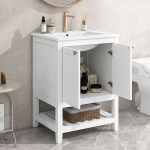 Lavabo 61x46x90 cm, Meuble vasque simple, avec meuble de rangement, Cloison ouverte, mdf, Poignées métal, Meuble lave mains à poser, Meuble de salle