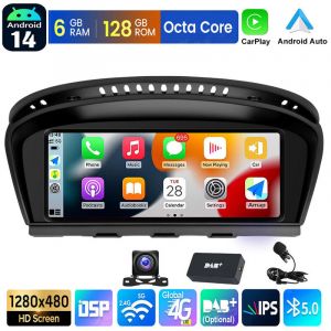 Autoradio Apple CarPlay Android 14 pour BMW S&eacute;rie 5 E60 E61 E90 GPS BT WIFI - 6+128G DAB+MIC CAM