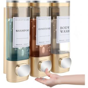 Distributeur de Savon Mural, Distributeur Gel Douche, Distributeur Triple de Shampoing et Apr&egrave;s-shampoing sans Per&ccedil;age ABS pour Salle de Bain Cuisine