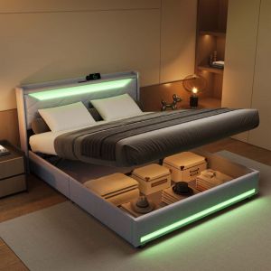 Lit coffre 140x190, lit 140x190 avec sommier, lit 2 places, lit adulte, ports USB et LED r&eacute;glable, tissu en lin, gris