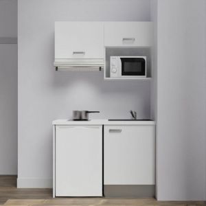 Kitchenette K02L-PT - 120 cm avec plan de travail et &eacute;vier - emplacements frigo, hotte et micro-ondes Fa&ccedil;ade Blanc - Plan Blanc - Evier Noir