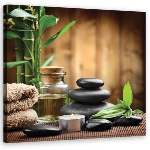 Tableau, composition zen de pierres noires et bambou - 30x30