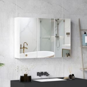 Meuble de rangement salle de bain avec miroir 3 portes - Armoire murale 90x15.5x60 cm agglom&eacute;r&eacute;, Blanc