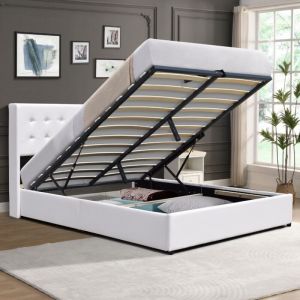 Lit coffre dehoussable 120x190 - T&ecirc;te de lit capitonn&eacute;e - 12 lattes - Montage rapide - Rev&ecirc;tement PVC simili facile entretien - LIT TRIXIE BLANC