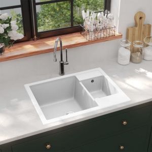 Design In - vier de cuisine,Bac,Vasque à poser deux lavabos trou de trop-plein Blanc Granit CFW34233