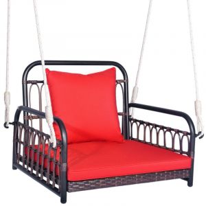 Helloshop26 - Fauteuil chaise suspendu en rotin pe 2 cordes de suspension crochets cadre en métal coussins porche jardin rouge