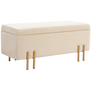 Chaise Banc de Rangement Rembourré Velours - Coffre de Siège, Pieds en Bois - 100x40x42 cm - Beige