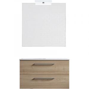 Ensemble de salle de bain meuble suspendu 80cm double classic bois clair - Vasque - Miroir - Applique
