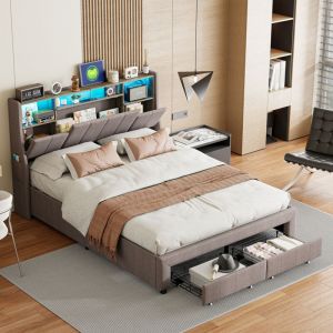 Lit 140 x 200 avec sommier, Lit 140x200, Lit deux personnes, Lit 140, Lit avec rangement, tissu en lin gris, t&ecirc;te de lit avec LED, tiroirs et poches